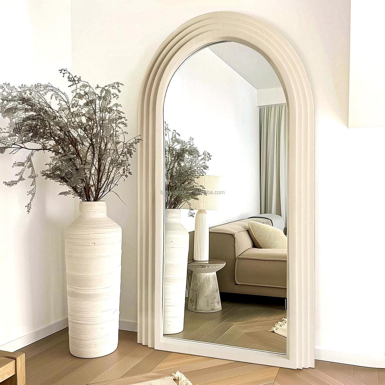 Handmade Cream Arched Full-Length Mirror, Minimalist Bedroom Decor
